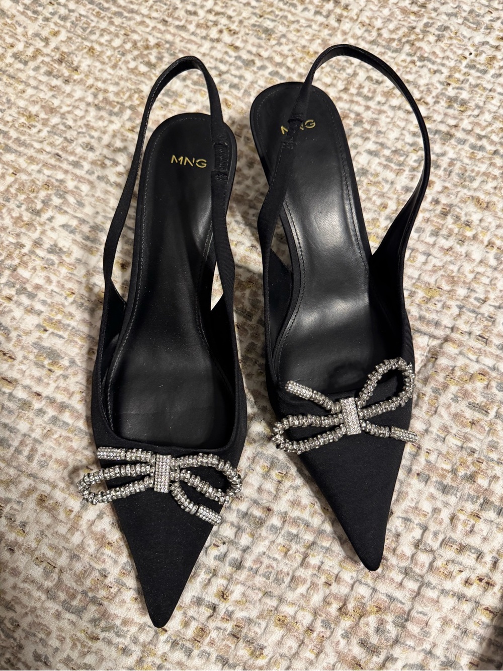 Mango Black Pointed Slingback Heels with Crystal Bow Accent